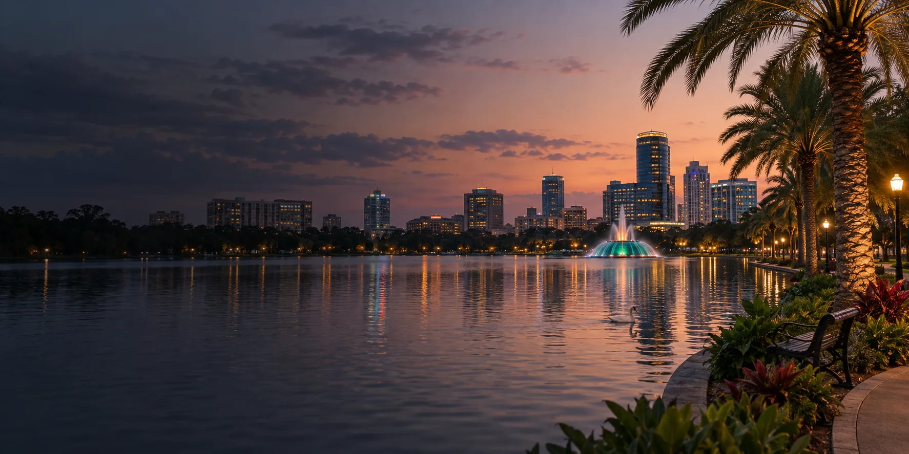 Lago e palmeiras com o centro de Orlando ao fundo, imagem ilustrativa