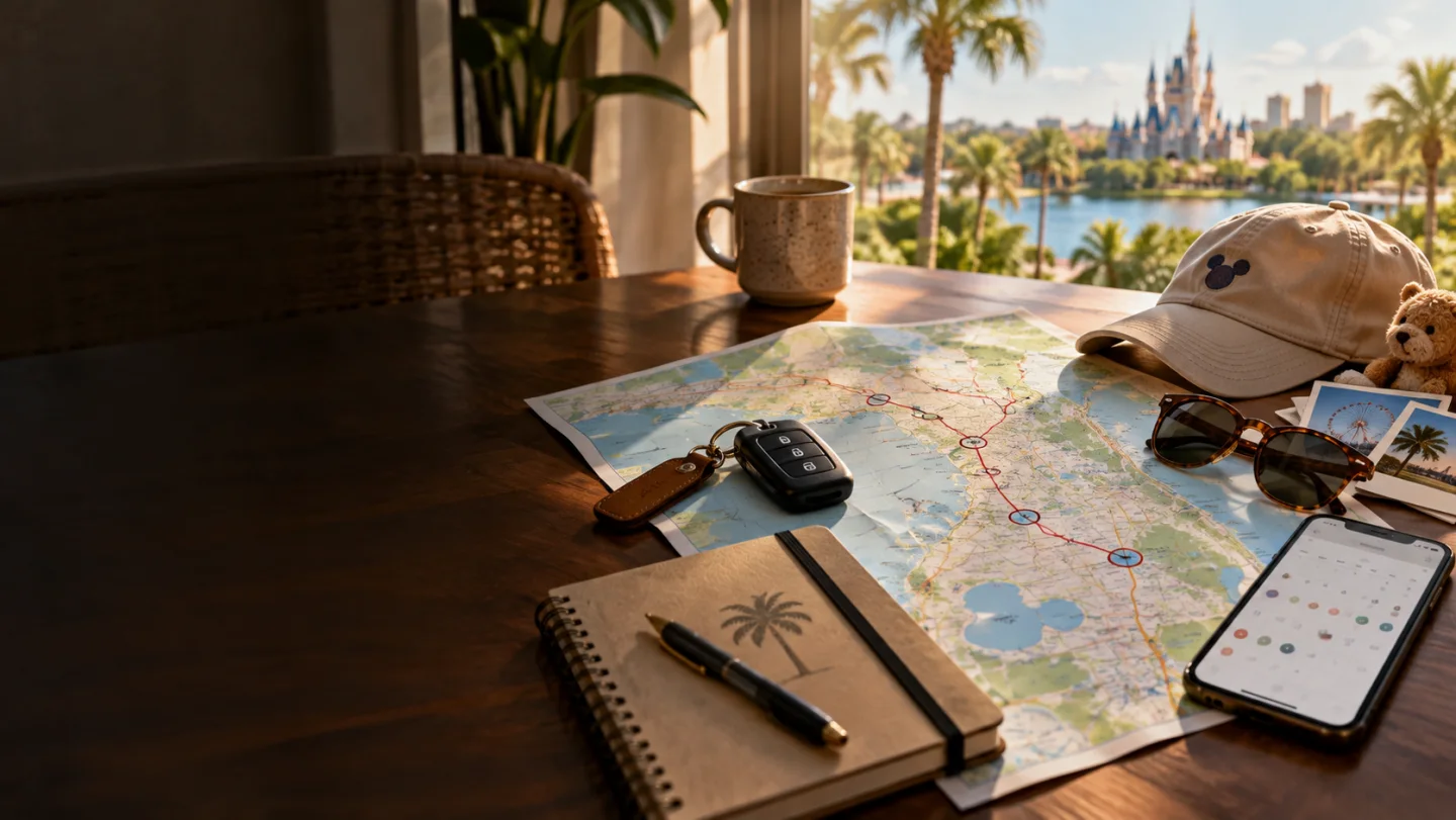 Mapa, calendário e itens de férias para uma viagem planejada a Orlando, imagem ilustrativa